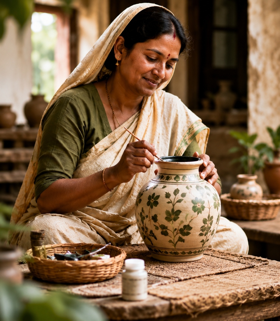 Indian Rural Craftswoman Handpainting Terracotta Pottery Jar